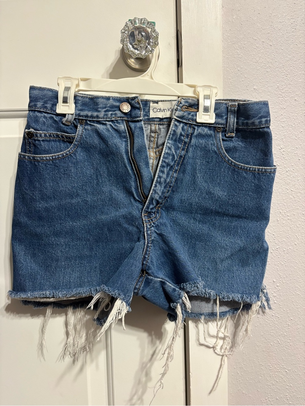 Calvin Klein Distressed Blue Denim Cutoff Shorts